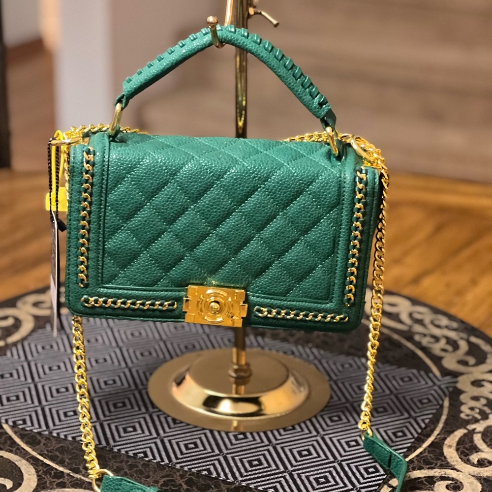 Stunning Emerald Green with golden hardware handbag with shoulder strap